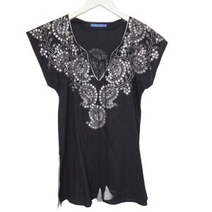 Le Soleil Tunic Womens Small Black Paisley Embroidered Mirror Tassel Boho Top
